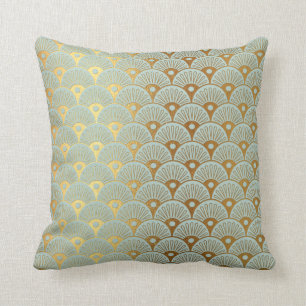 Art Deco Yacht Club Mint Green Golden Seashells Cushion