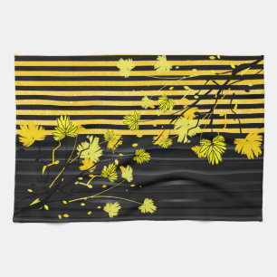 Art Deco Yellow and Black Floral Tea Towel