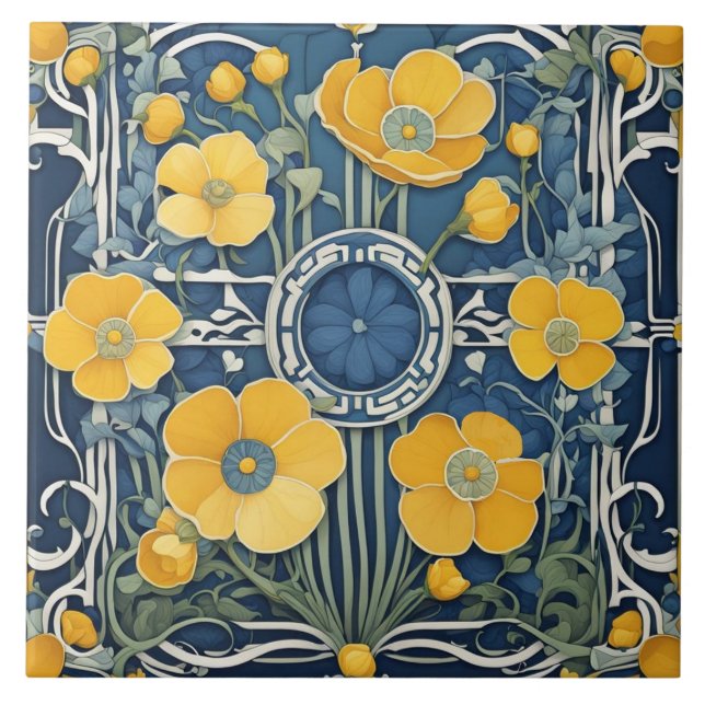 Art Deco Yellow Flowers Art Nouveau Blue Floral Tile (Front)