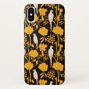 ART DECO YELLOW FLOWERS,WHITE PARROTS ON BLACK iPhone X CASE