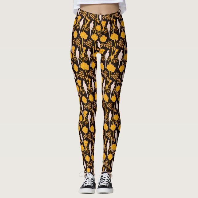 ART DECO YELLOW FLOWERS,WHITE PARROTS ON BLACK LEGGINGS (Front)
