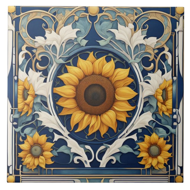 Art Deco Yellow Sunflowers Art Nouveau Blue Tile (Front)