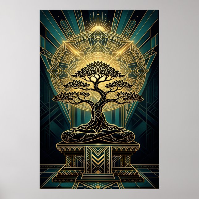 Art Deco Zen Bonsai Tree Mandala Gold Teal Poster (Front)