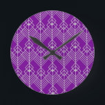 Art Deco Zig Zag Round Clock<br><div class="desc">This clock has an art deco design of diamond shapes and lines in silver on a field of purple.</div>