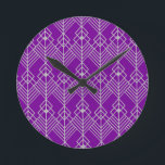 Art Deco Zig Zag Round Clock<br><div class="desc">This clock has an art deco design of diamond shapes and lines in silver on a field of purple.</div>