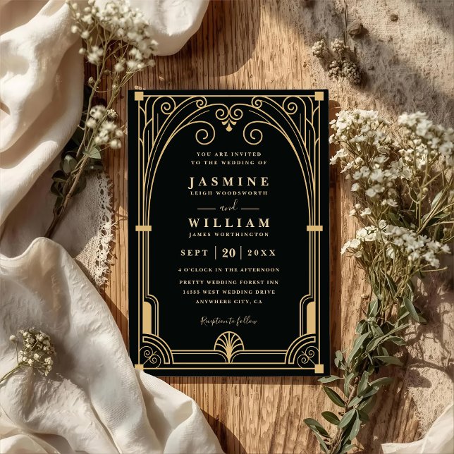 Art Decor Gate Gold Black Luxury QR Code Wedding Invitation (Creator Uploaded)