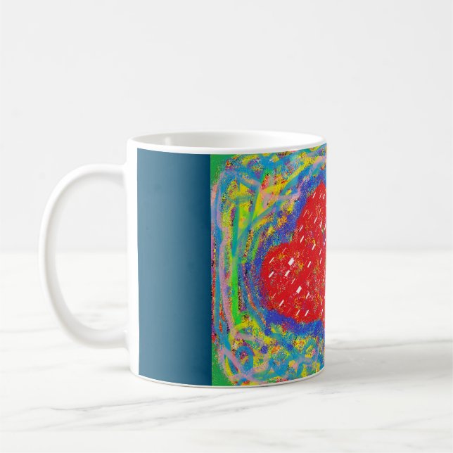 Art decor patterned mixed greens and red centre coffee mug (Left)
