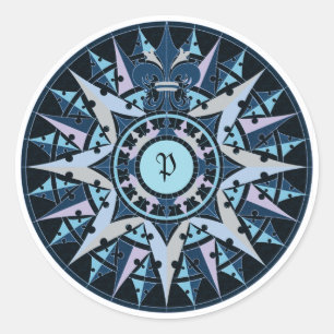 Art drawing, antique compass rose, add monogram classic round sticker