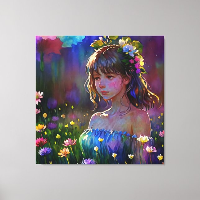 *~  Art Fantasy Wild Flowers Girl AP56 Watercolor  Canvas Print (Front)