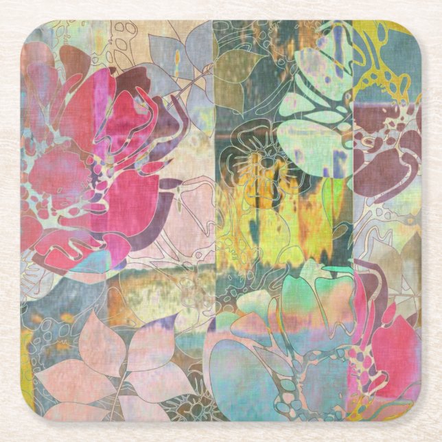 Art floral grunge pattern square paper coaster (Front)