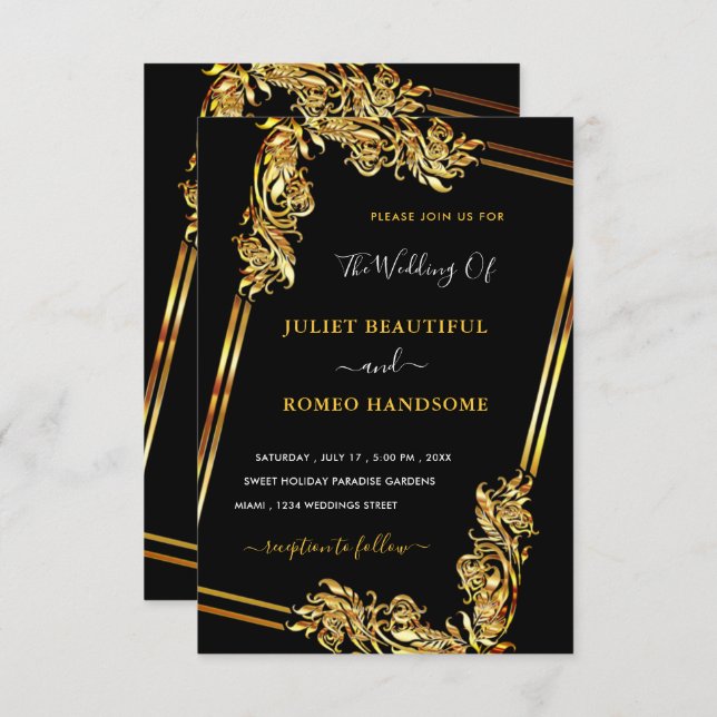 Art Framed Black Gold Wedding Invitation Template (Front/Back)