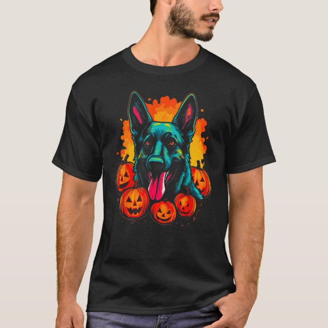 Art German Shepherd Dog Halloween Pumpkin T-Shirt (Front)