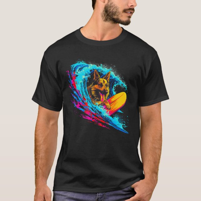 Art German Shepherd Dog Wave Surf T-Shirt (Front)