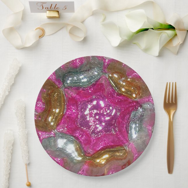 Art Glass Elegant Rich Pink Jewel Wedding Dinner Paper Plate (Wedding)