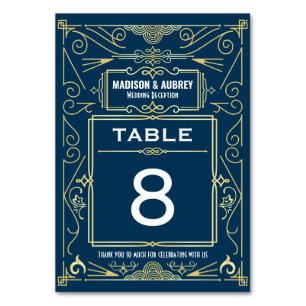 Art Gold Blue Gatsby 1920s Deco Wedding Reception Table Number