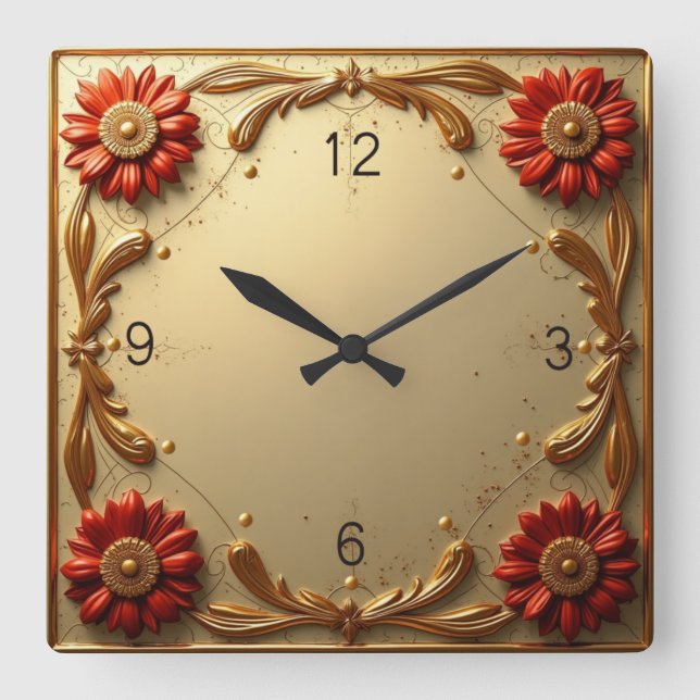 Art Golden Flower Square Wall Clock (Front)