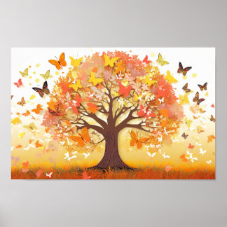 Art illustration of a tree with butterflies poster