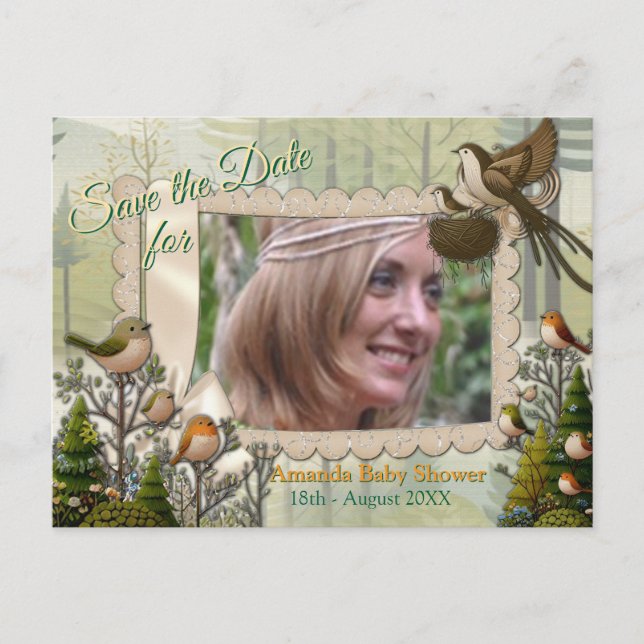 Art illustration of modern-style simplistic birds announcement postcard (Front)