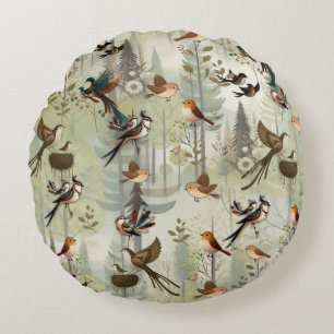 Art illustration of modern-style simplistic birds round cushion