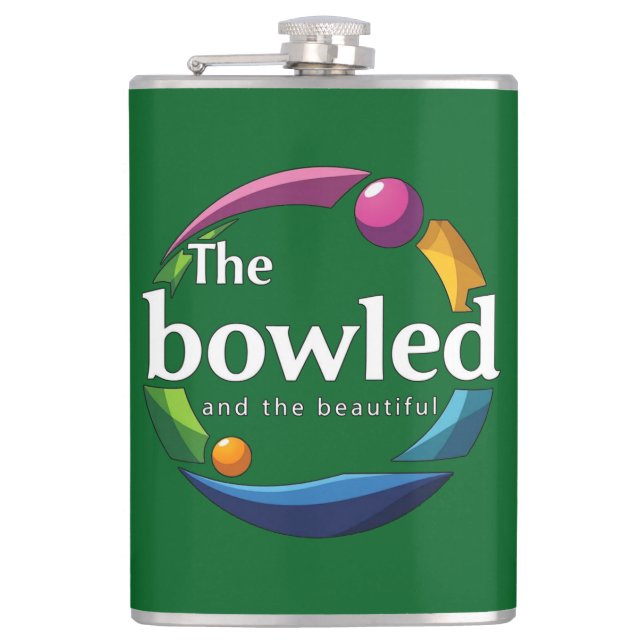 "Art in Motion: Circular Lawn Bowls Bowled Logo, Hip Flask (Front)