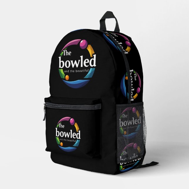 "Art in Motion: Circular Lawn Bowls Bowled Logo, Printed Backpack (Back Corner Right)
