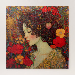 Art Nouveau A Woman Amidst Red and Gold Poppies Jigsaw Puzzle