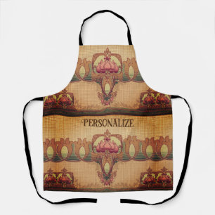 Art nouveau abstract flower burgundy red green apron
