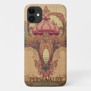 Art nouveau abstract flower burgundy red green iPhone 11 case