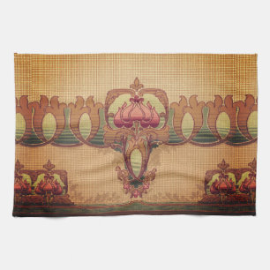 Art nouveau abstract flower burgundy red green tea towel