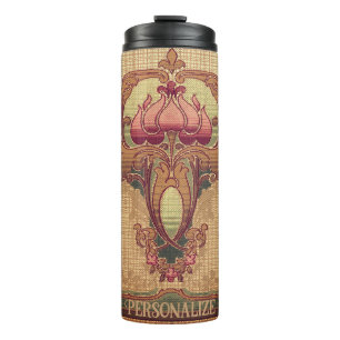 Art nouveau abstract flower burgundy red green thermal tumbler
