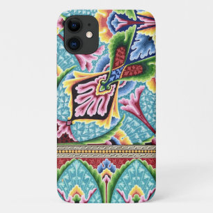 Art nouveau abstract pattern blue pink textile art iPhone 11 case