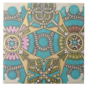 Art nouveau abstract textile art blue pink yellow tile