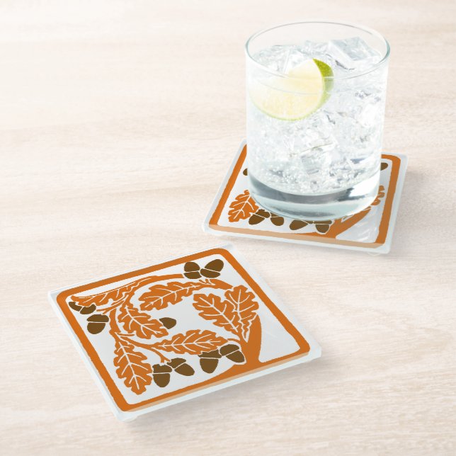 Art Nouveau Acorns and Oak Leaves Glass Coaster (Angled)