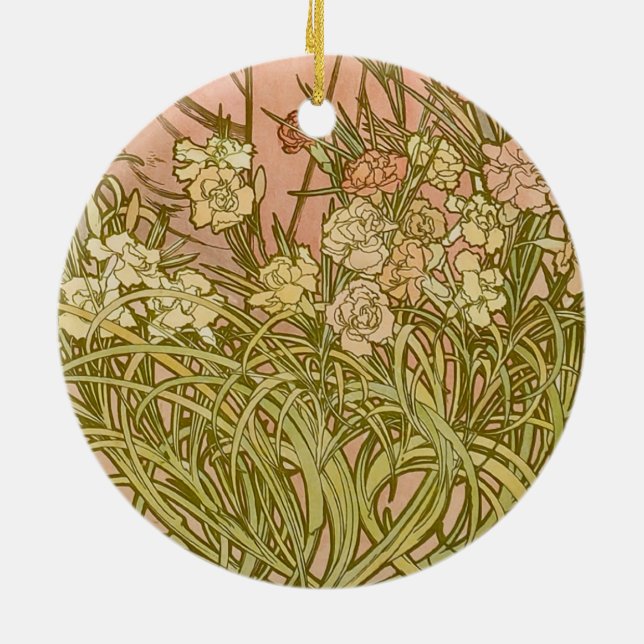 Art Nouveau Alfonse Mucha Floral carnation flowers Ceramic Tree Decoration (Back)