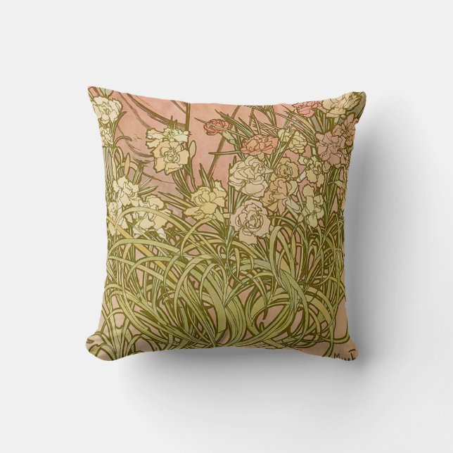 Art Nouveau Alfonse Mucha Floral carnation flowers Cushion (Front)