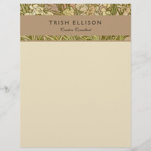 Art Nouveau Alfonse Mucha Floral carnation flowers Custom Letterhead (Front)
