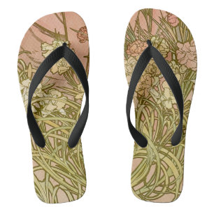 Art Nouveau Alfonse Mucha Floral carnation flowers Flip Flops