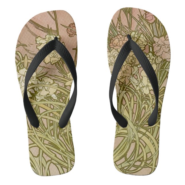 Art Nouveau Alfonse Mucha Floral carnation flowers Flip Flops (Footbed)
