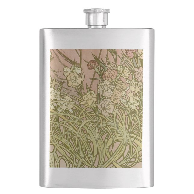 Art Nouveau Alfonse Mucha Floral carnation flowers Hip Flask (Front)
