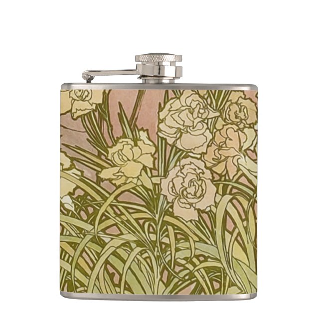 Art Nouveau Alfonse Mucha Floral carnation flowers Hip Flask (Front)