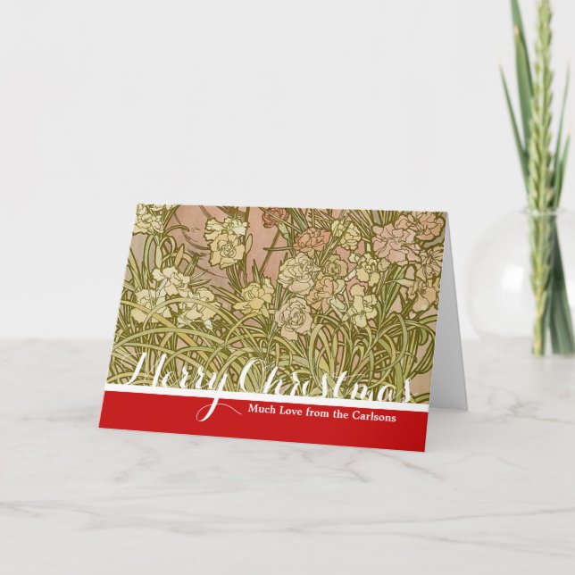 Art Nouveau Alfonse Mucha Floral carnation flowers Holiday Card (Front)