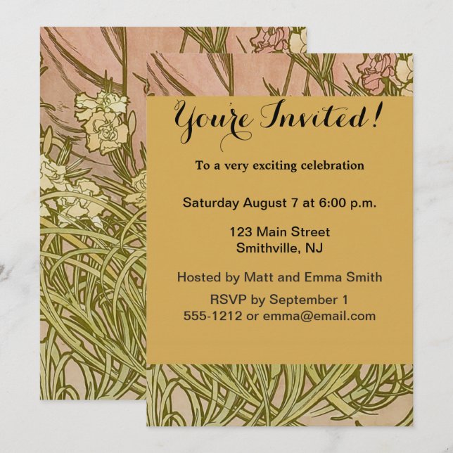 Art Nouveau Alfonse Mucha Floral carnation flowers Invitation (Front/Back)