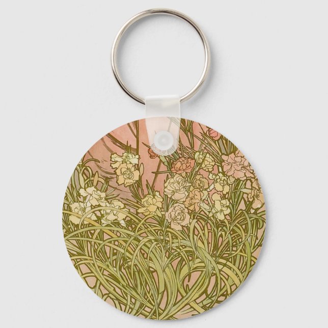 Art Nouveau Alfonse Mucha Floral carnation flowers Key Ring (Front)