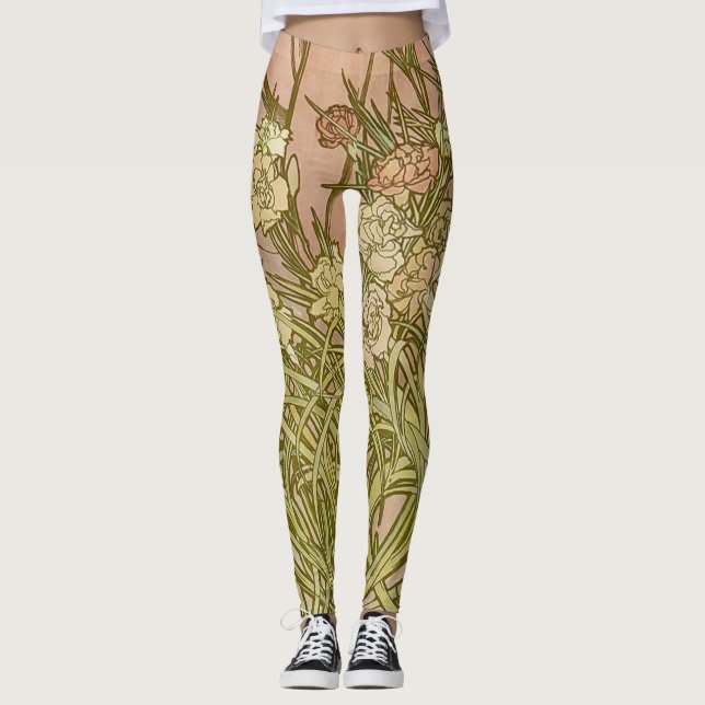 Art Nouveau Alfonse Mucha Floral carnation flowers Leggings (Front)
