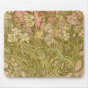 Art Nouveau Alfonse Mucha Floral carnation flowers Mouse Mat