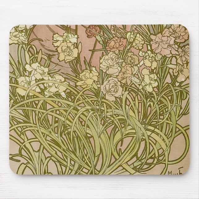 Art Nouveau Alfonse Mucha Floral carnation flowers Mouse Mat (Front)