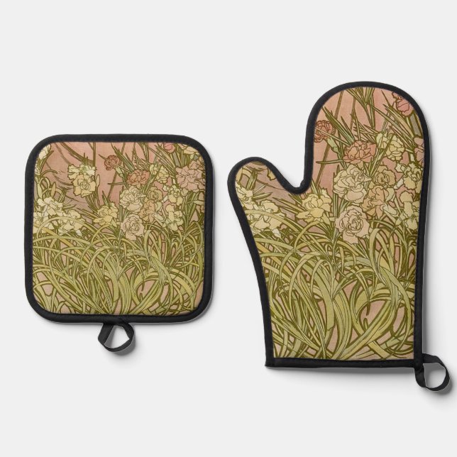 Art Nouveau Alfonse Mucha Floral carnation flowers Oven Mitt & Pot Holder Set (Front)