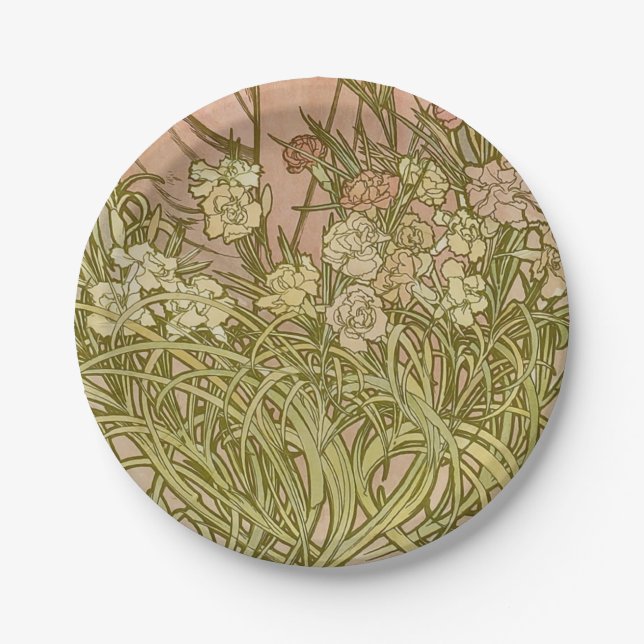 Art Nouveau Alfonse Mucha Floral carnation flowers Paper Plate (Front)
