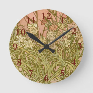 Art Nouveau Alfonse Mucha Floral carnation flowers Round Clock
