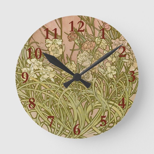 Art Nouveau Alfonse Mucha Floral carnation flowers Round Clock (Front)